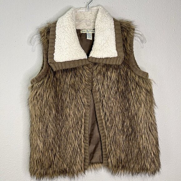 LOVE by DESIGN Faux Fur Vest Brown Sherpa Collar Lined Womens Size Medium - Picture 1 of 10